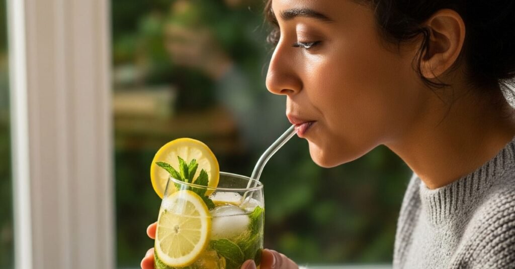 Bebida de hierbabuena con limón en vaso de vidrio, beneficios y propiedades para la salud.