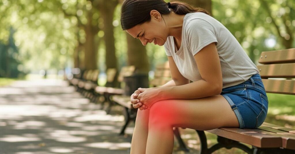 Persona con rodilla hinchada y dolor al doblar mostrando inflamación en la articulación de la rodilla