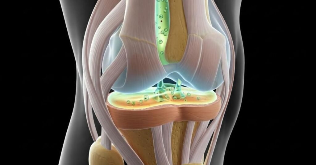 Rodilla inflamada con líquido articular mostrando síntomas de dolor e hinchazón