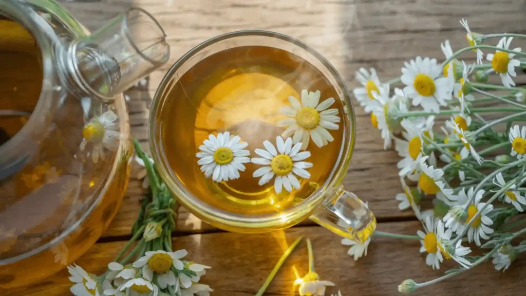Té de manzanilla caliente para mejorar la digestión y aliviar cólicos
