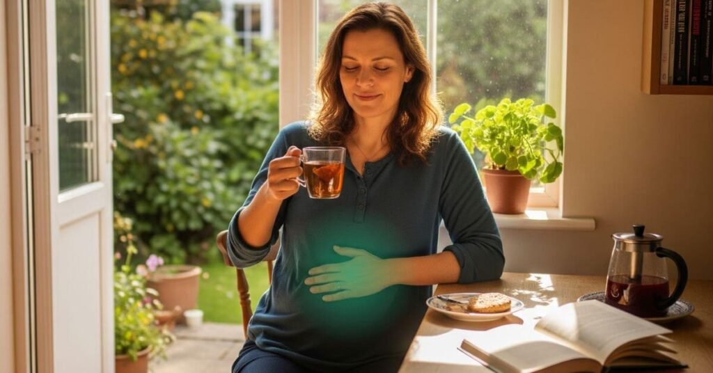 Té para dolor de estómago con plantas medicinales como manzanilla, jengibre y menta
